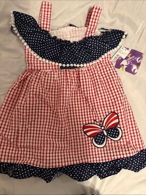 Blueberi Boulevard Red and Navy Gingham Dress with Butterfly Applique